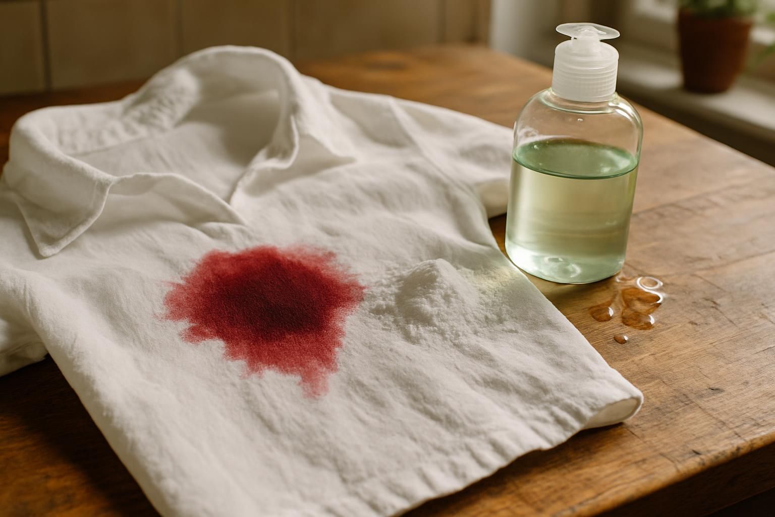 A stained white shirt with cleaning supplies on a wooden table.