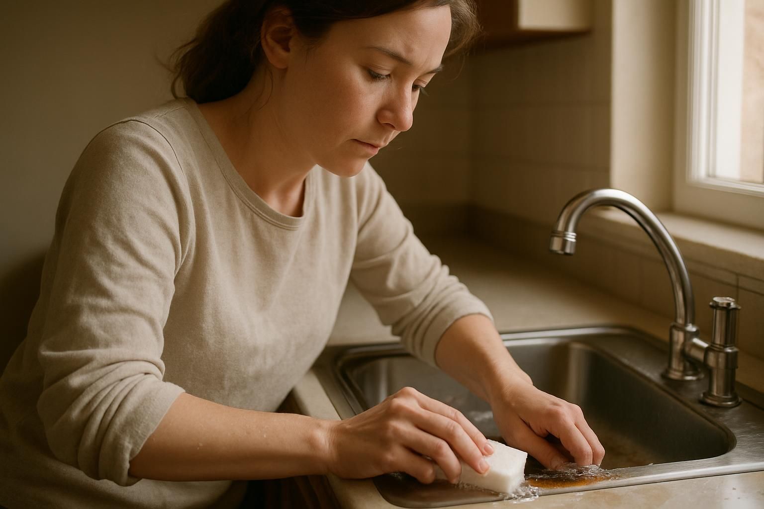 A person scrubbing greasy residue from a metal sink with dish soap.