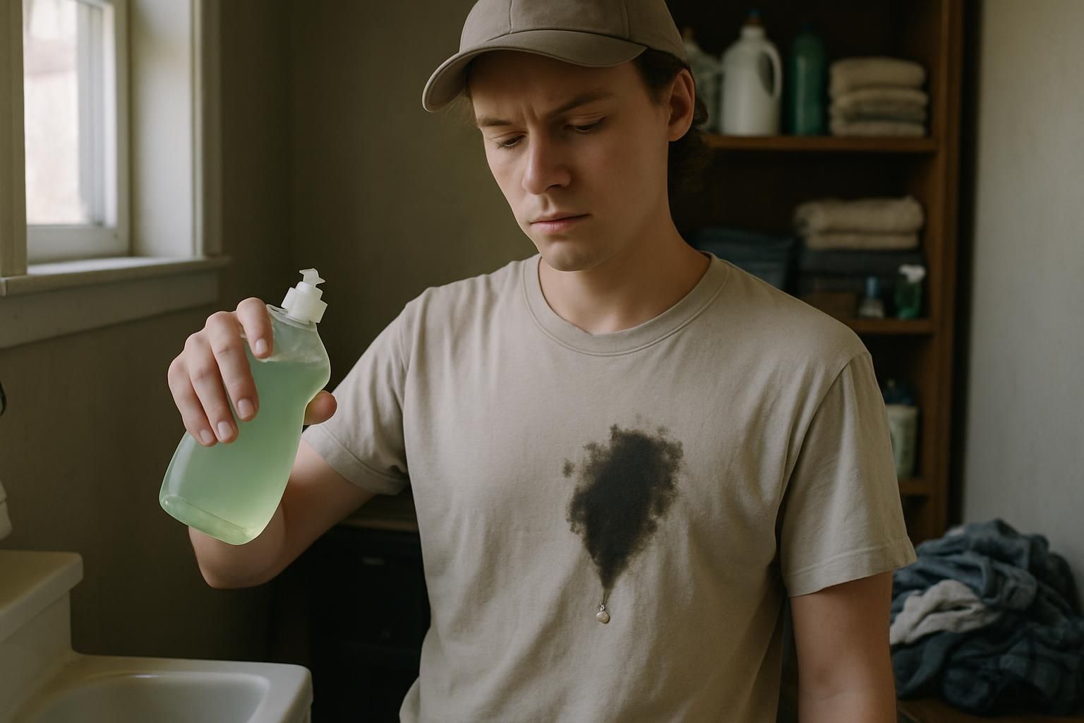A young person in a busy laundry room holding a bottle of dish soap.