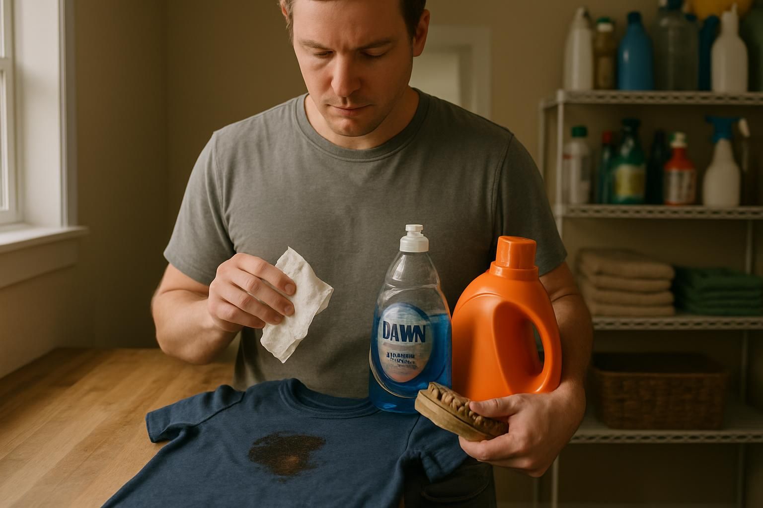 An adult spot-treating a child's shirt over a laundry sink.