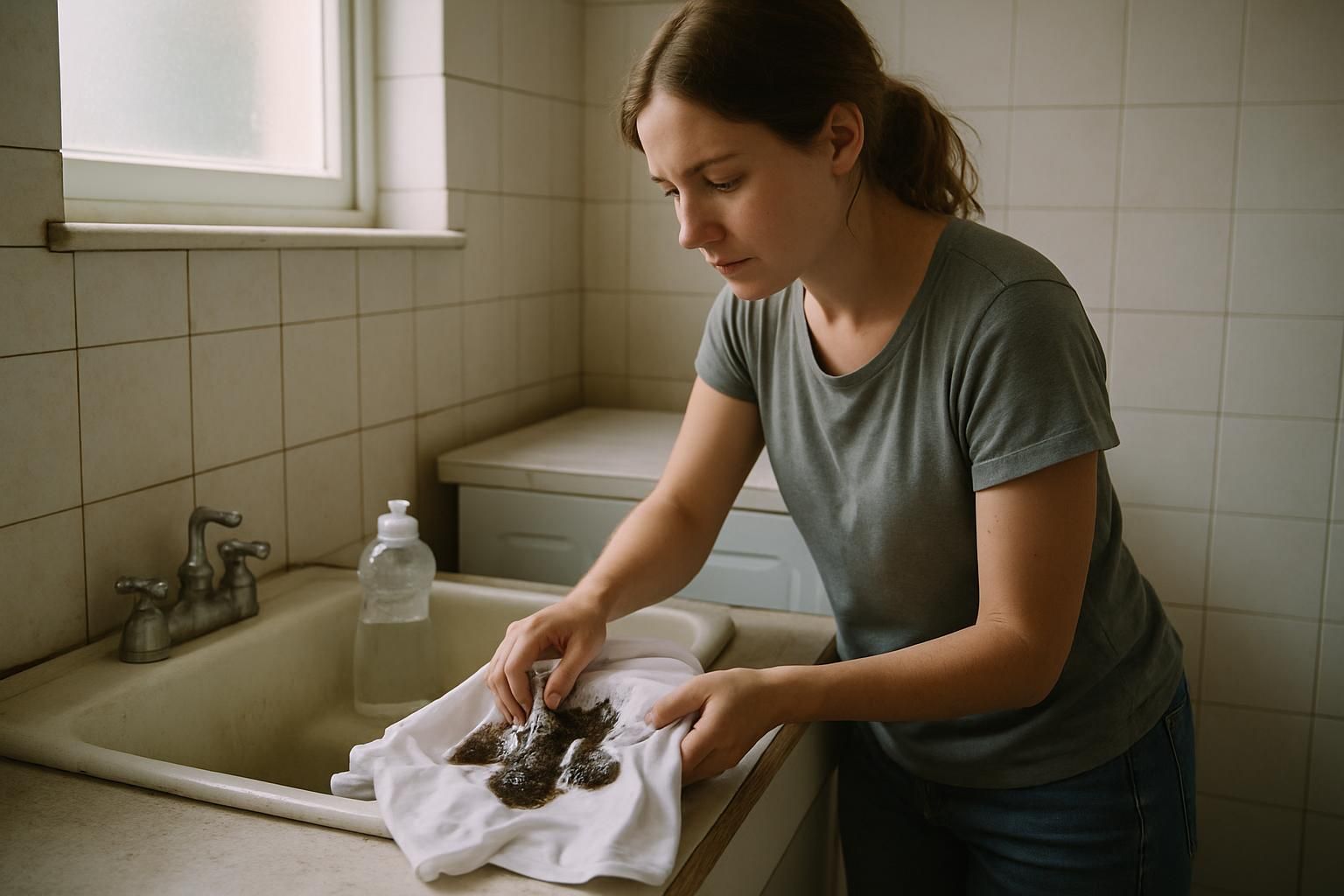 A person treating a fresh oil spot on a shirt at a utility sink.