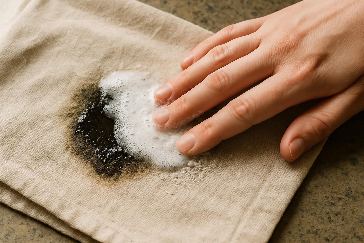Hands treating a set-in oil stain on tan cotton.