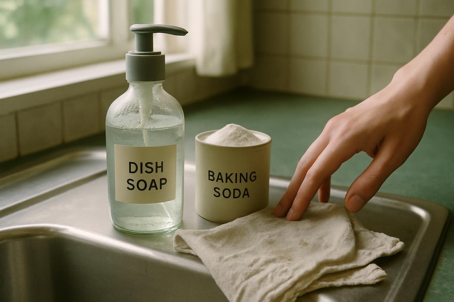 An organized sink with plant-based cleaning essentials.