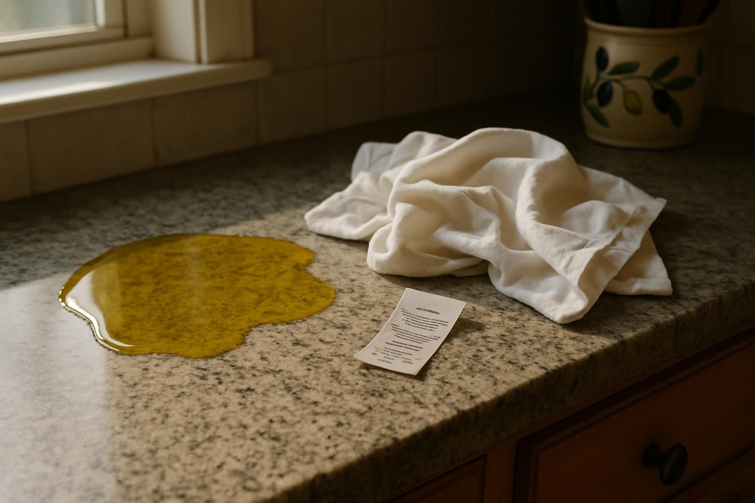 A kitchen counter with spilled olive oil, towels, and supplies.