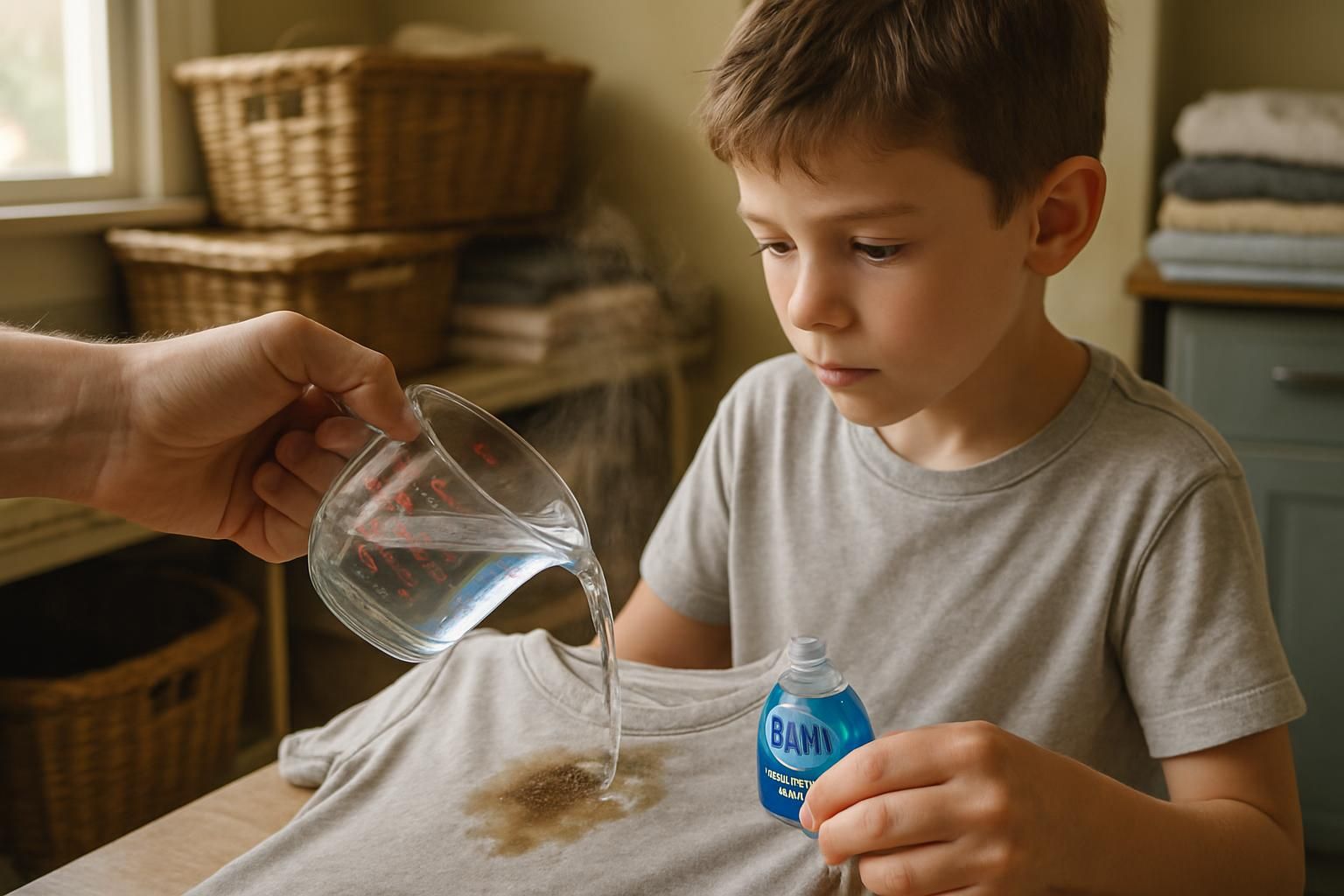 An adult treating a grease blotch on a child's T-shirt.