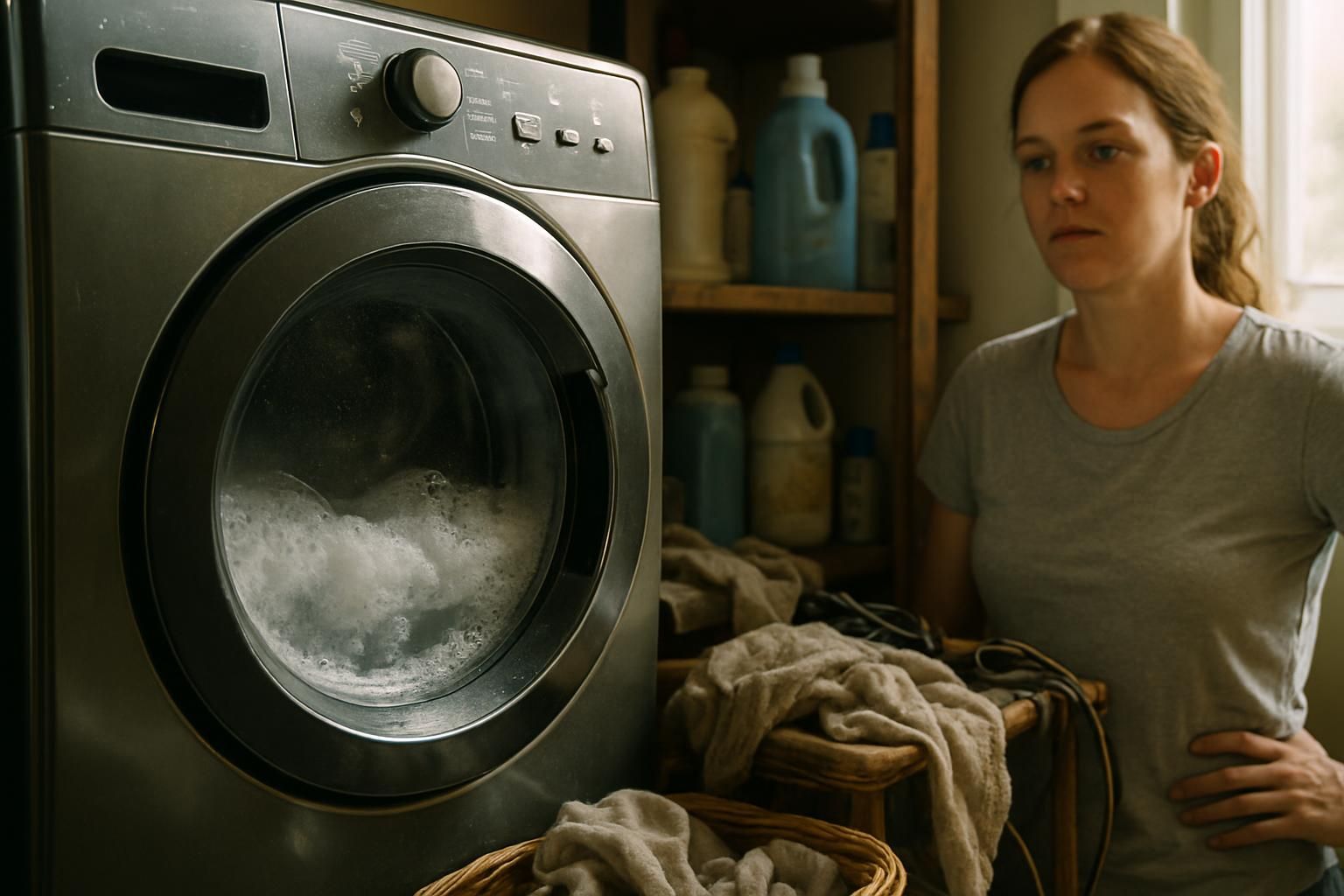 Woman watching a washer mid cycle in a small laundry space.