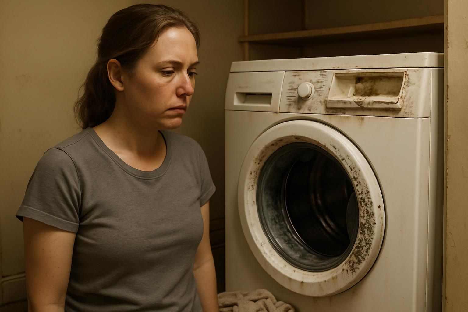 Woman in a cluttered laundry room with a musty washer.