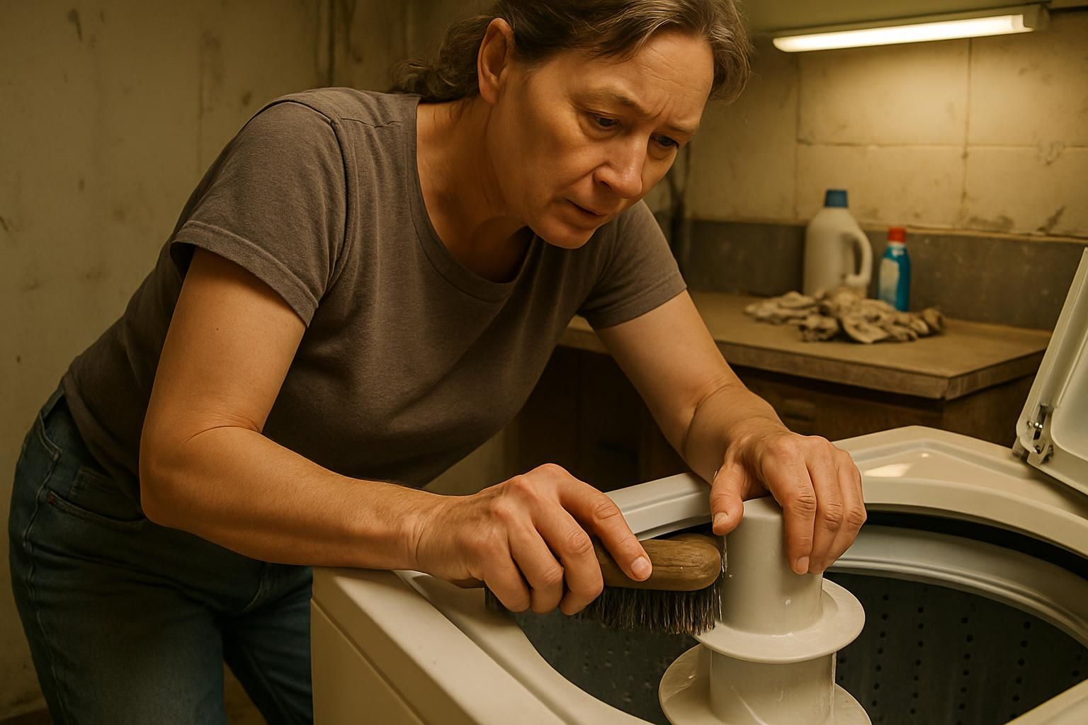 Person cleaning a top-load washer in a family laundry room.
