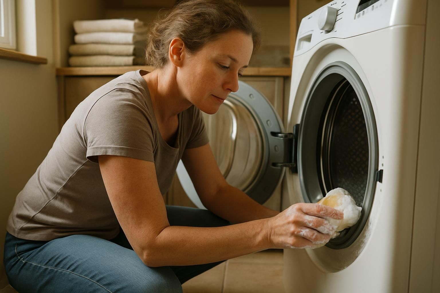 Person wiping the inside of a washer drum with a sponge.