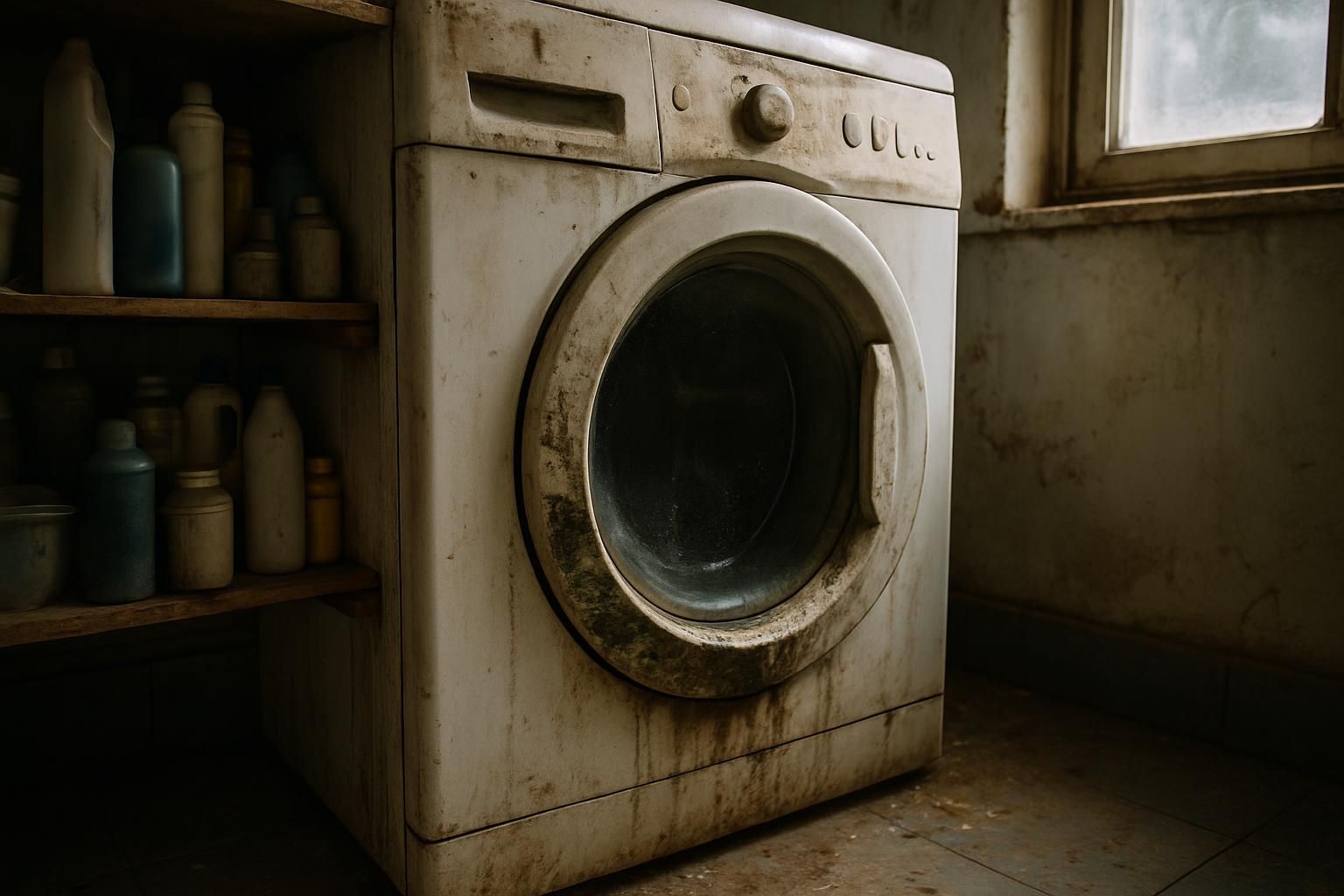 Laundry area with a dirty washer that needs simple maintenance.