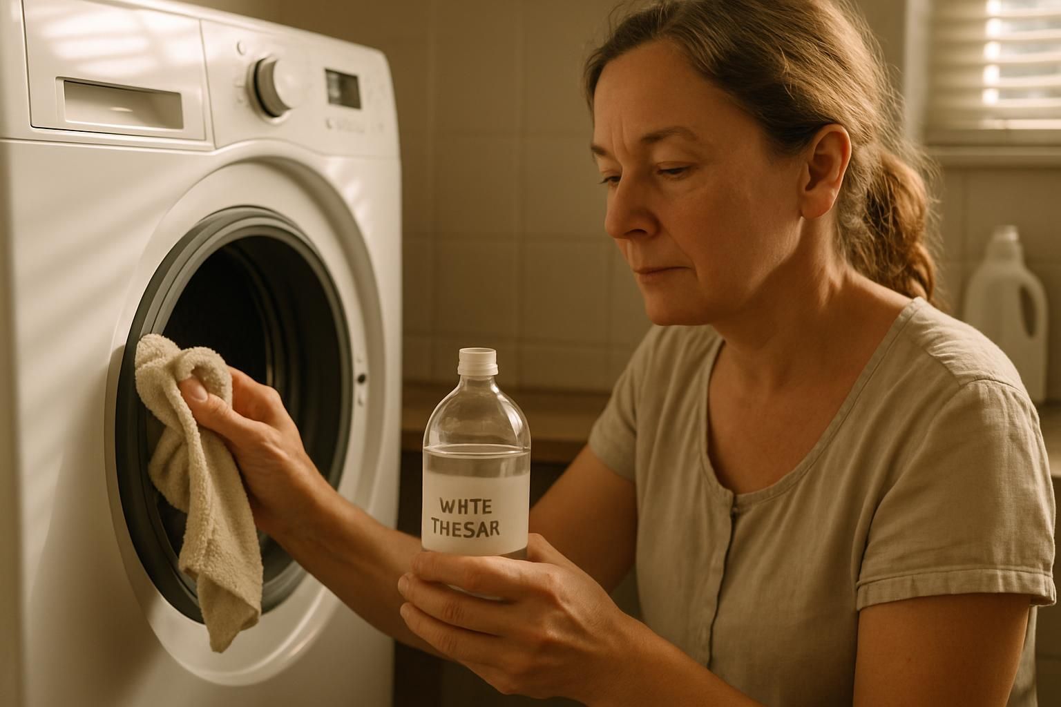 Woman carefully cleaning a washer's rubber gasket with white vinegar.