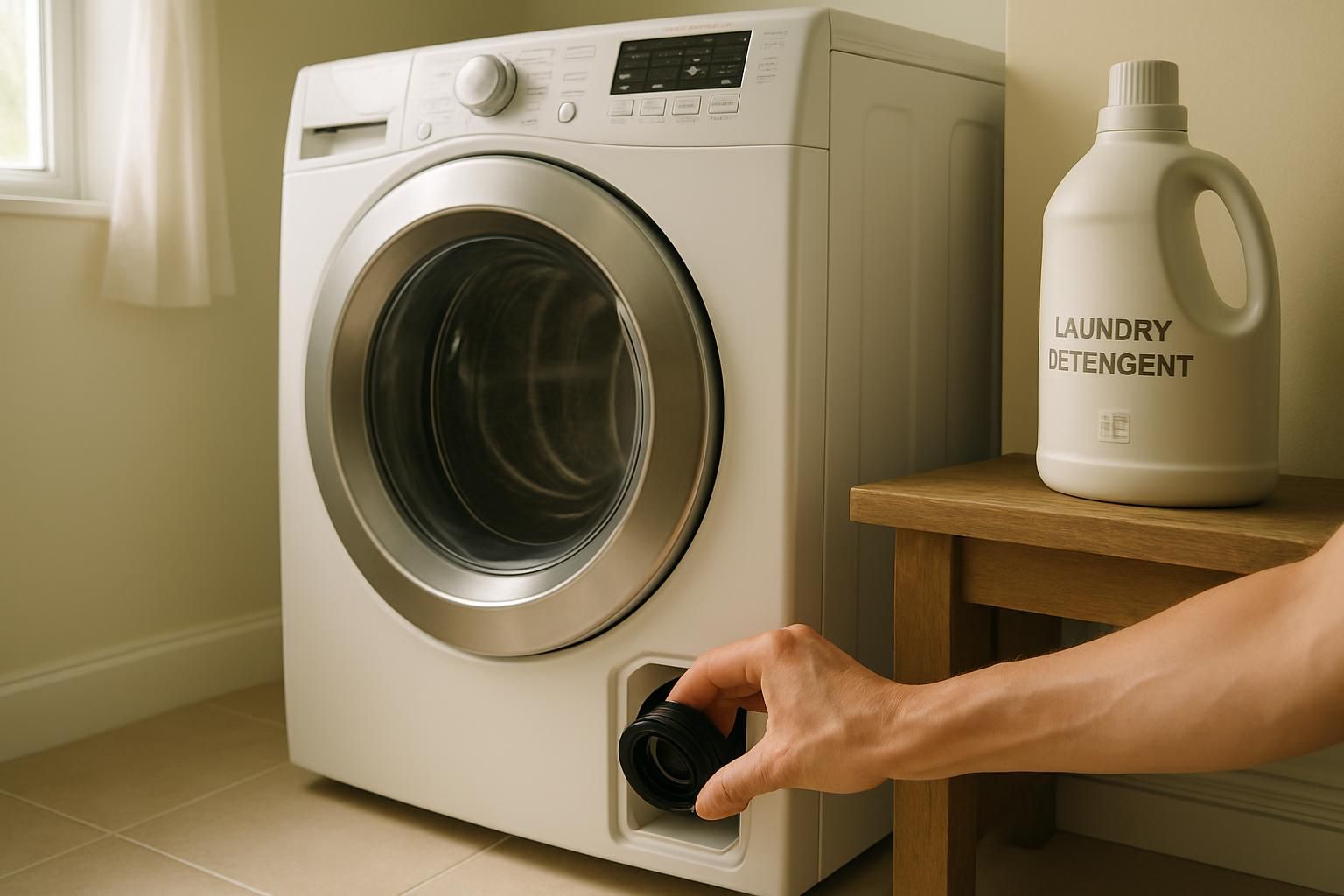 Laundry room with a washer and a detergent bottle on a shelf.