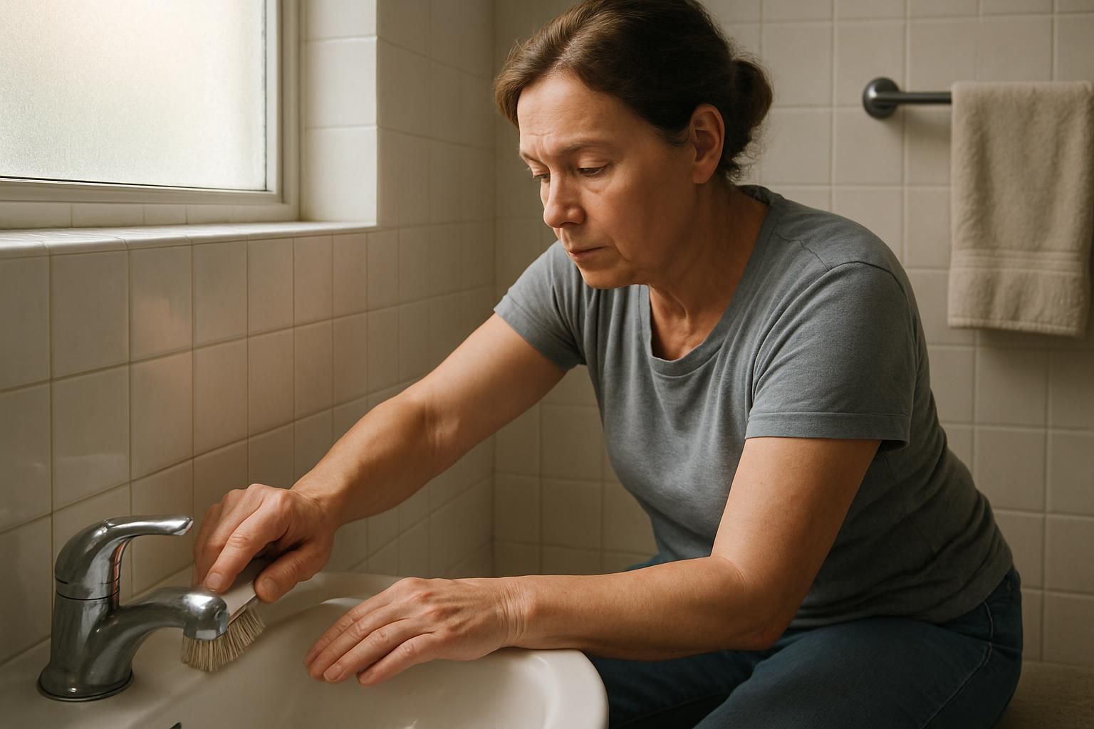 Woman carefully scrubbing bathroom tiles during a deep clean.