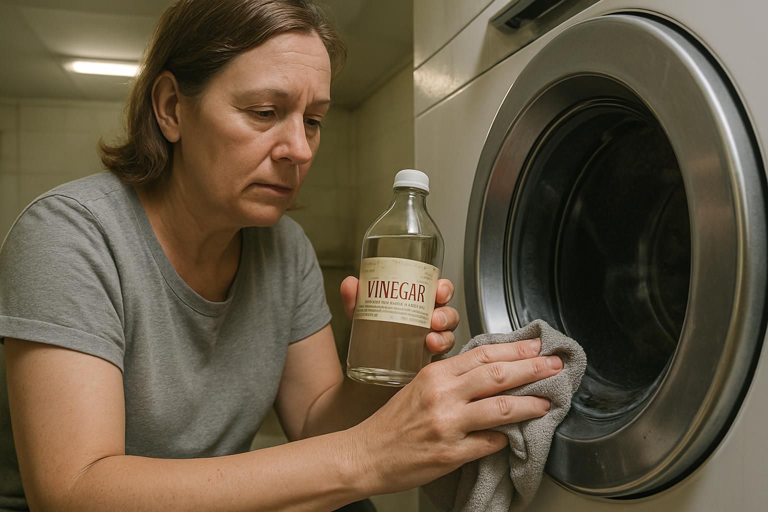 Woman cleaning a washing machine with white vinegar and a cloth.