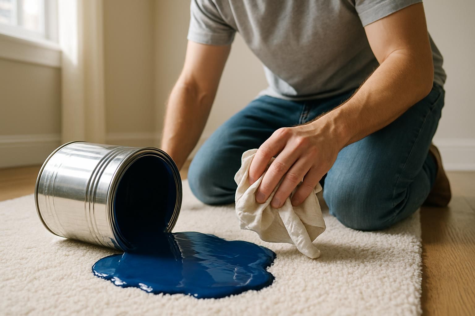 A person reacts to a fresh blue paint spill on carpet, reaching for towels.