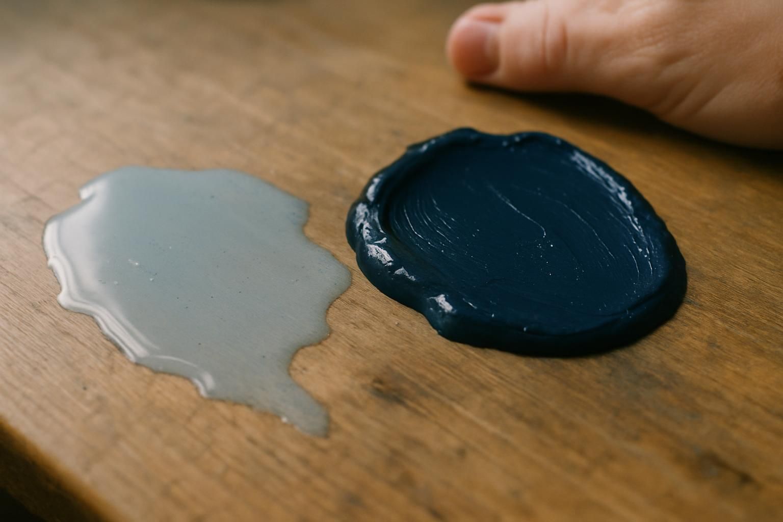 Two kinds of paint spills, one watery and one thick, on a wood surface.