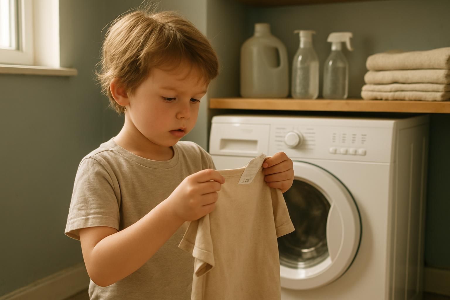 A child reads the care label on a cotton T-shirt before washing.