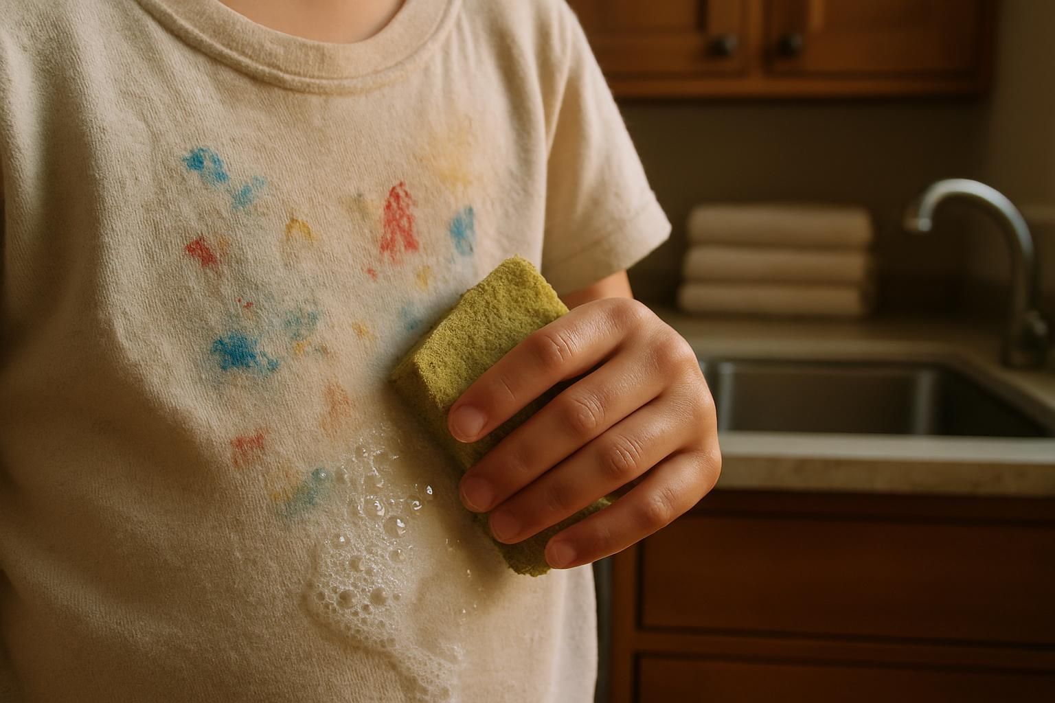 A parent hand-washes a child's paint-stained shirt in a laundry room sink.
