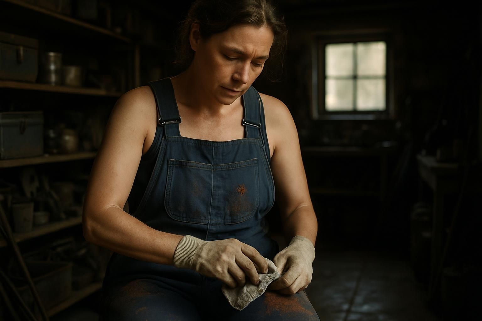 In a garage, a woman treats paint on work overalls with cleaning supplies.