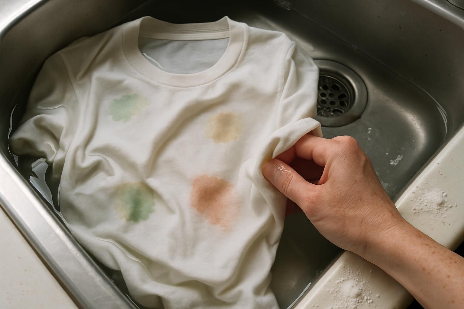 Scrubbing a white T-shirt with soap and water at a sink.