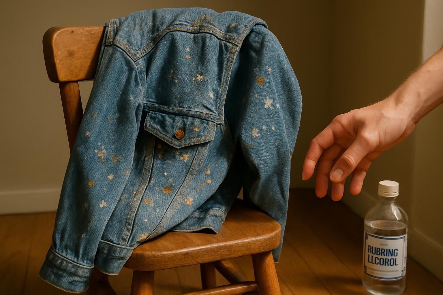 A denim jacket with dried paint specks draped over a wooden chair.