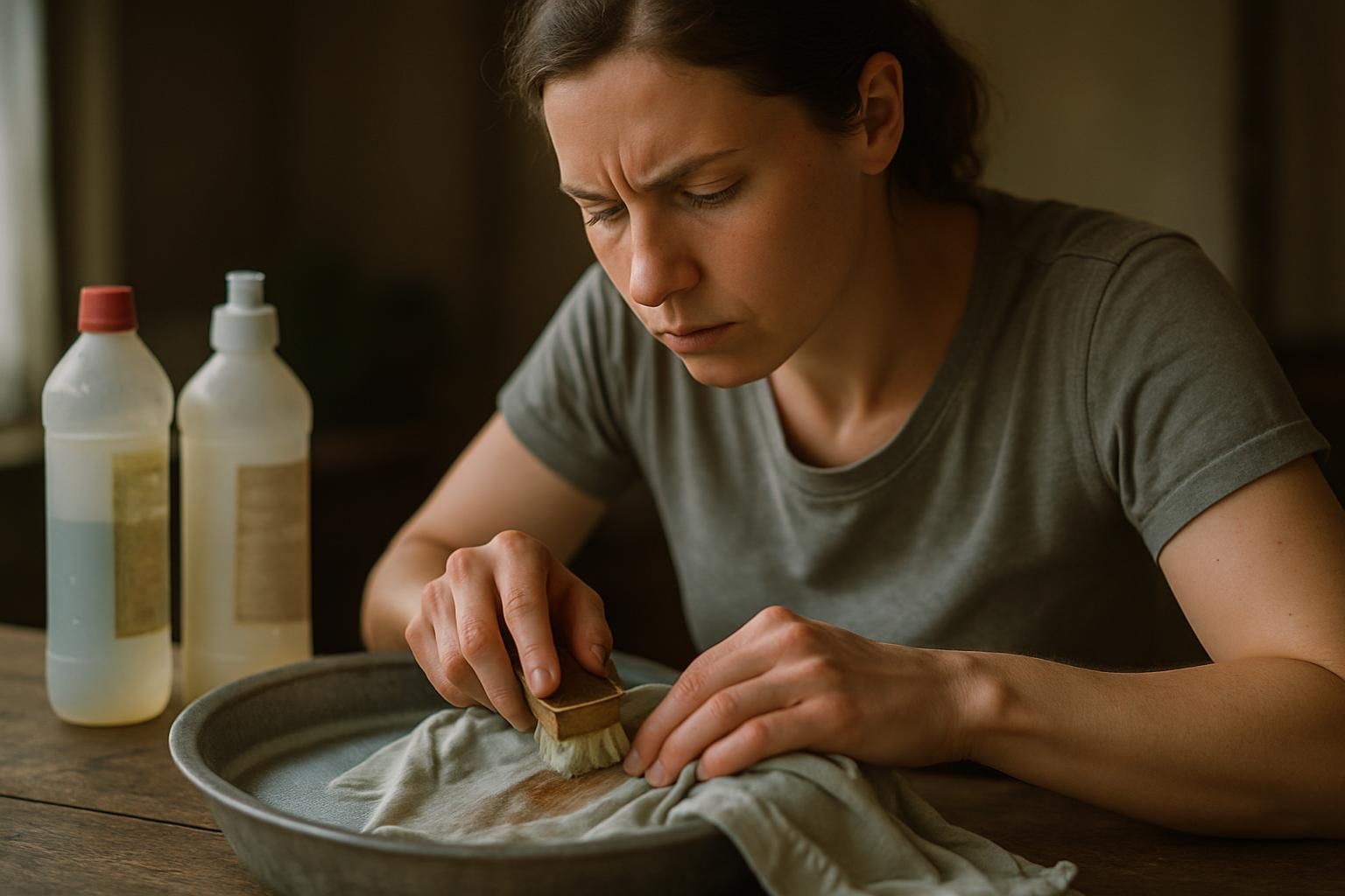 A woman scrubs a stubborn paint spot on a shirt at a sink.