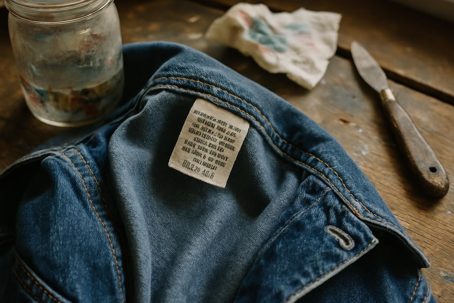 A denim jacket beside brushes and paint tubes on a wooden table.