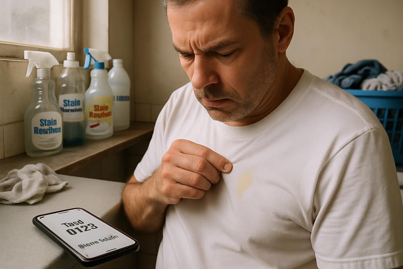 An adult studies a paint mark on a shirt under bright light.