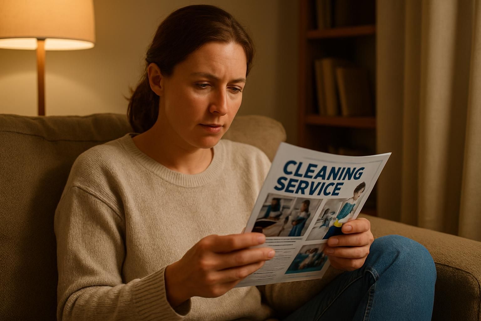 A woman reviewing cleaning service brochures on a sofa before booking.