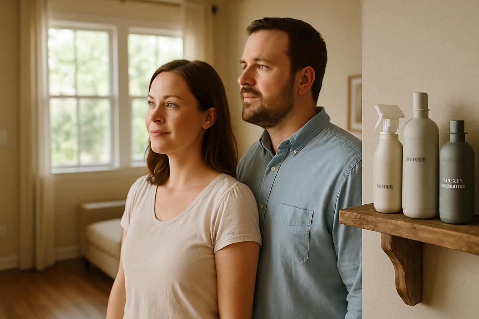 A couple relaxes in a clean living room after a successful move.