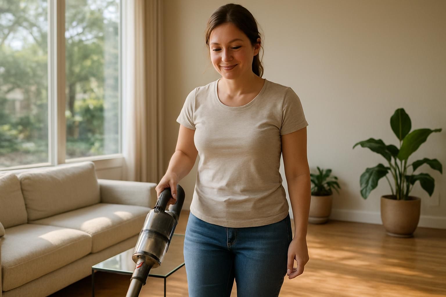 A smiling cleaner vacuuming a bright, tidy living room after a move-in clean.