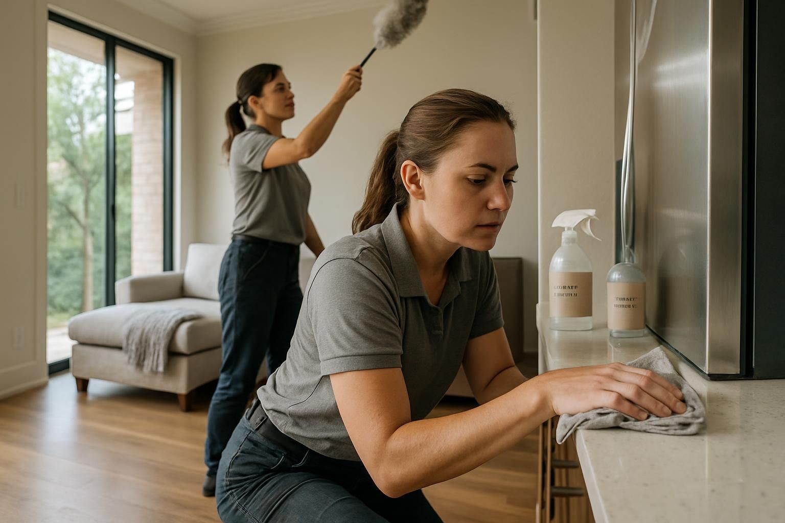 A cleaning team dusts, vacuums, and polishes a contemporary Austin living space.