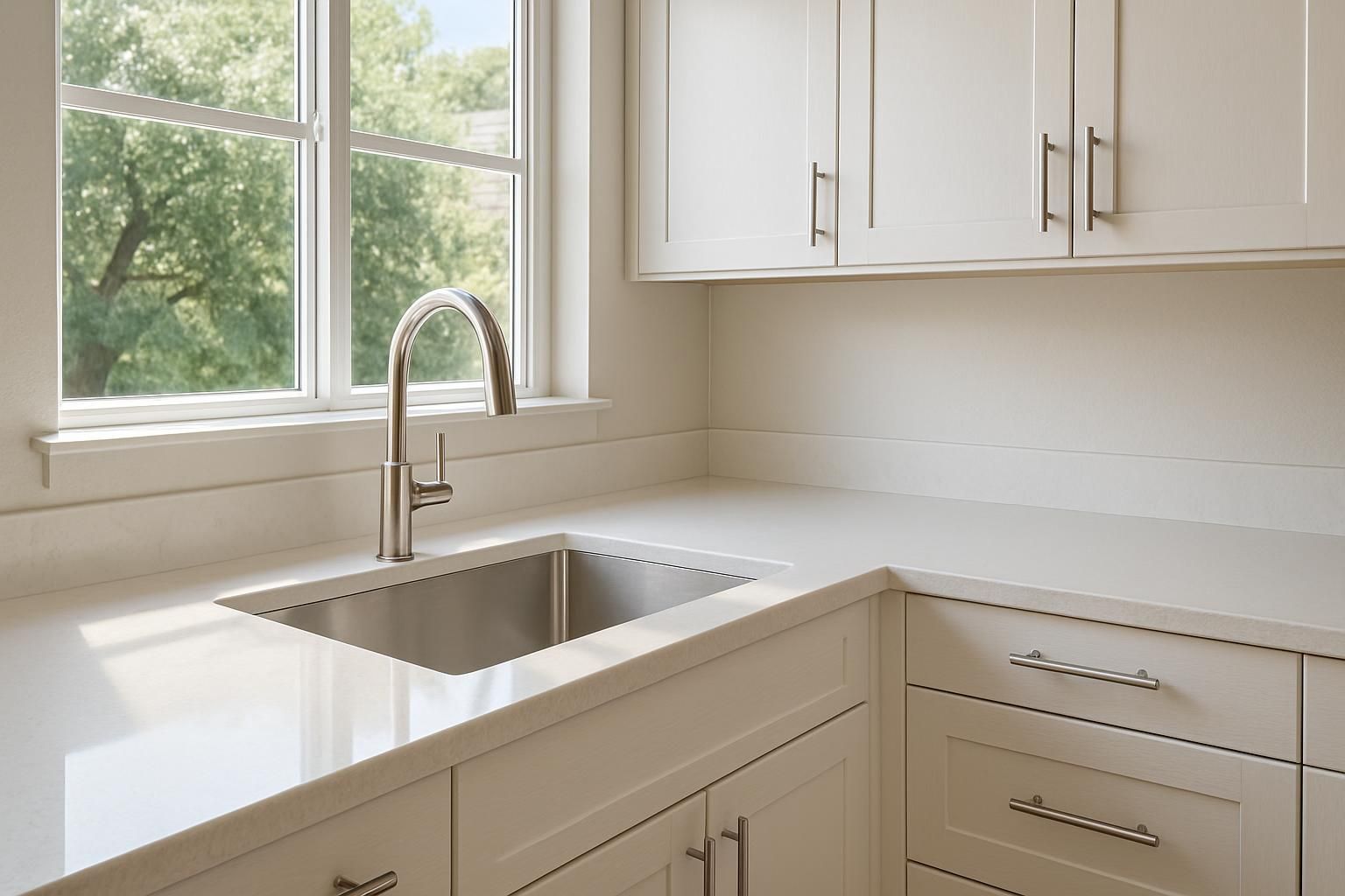 A spotless, modern kitchen with gleaming surfaces and tidy storage.