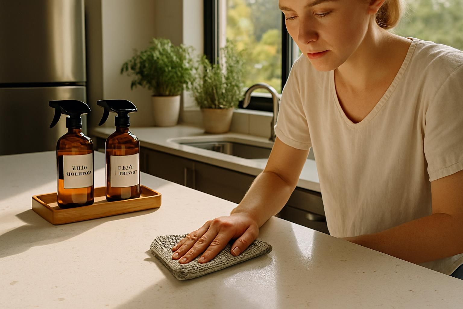 A person wiping a kitchen counter with eco-friendly cleaners and a soft cloth.