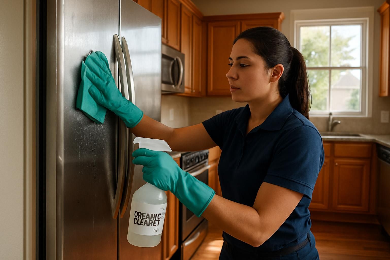 A professional cleaner thoroughly scrubs a bright, spotless kitchen.