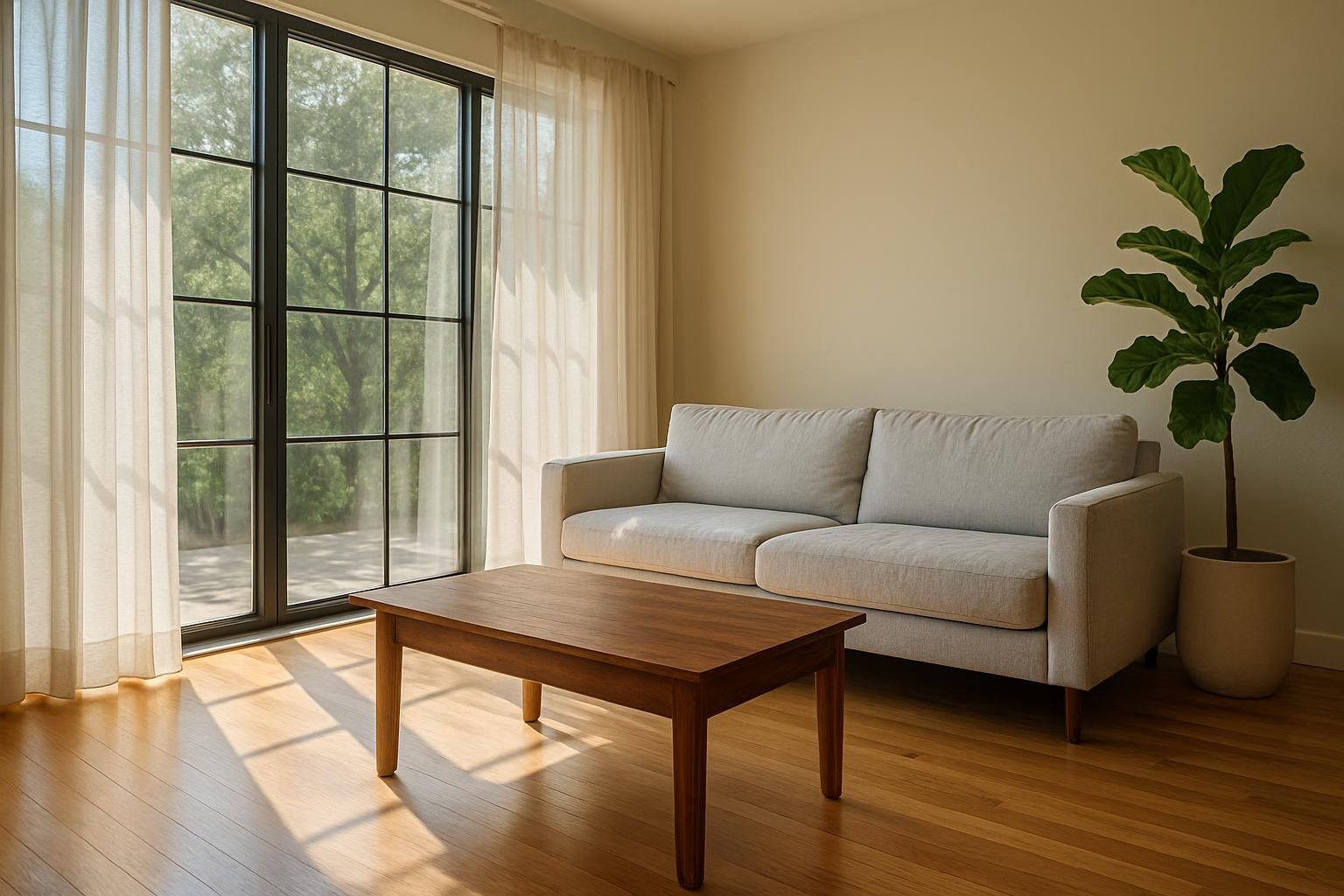 A calm, well-kept living room with natural textures after professional cleaning.