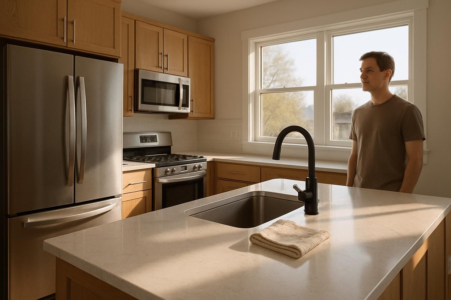 Modern kitchen with polished countertops and light wood cabinets after a deep clean.