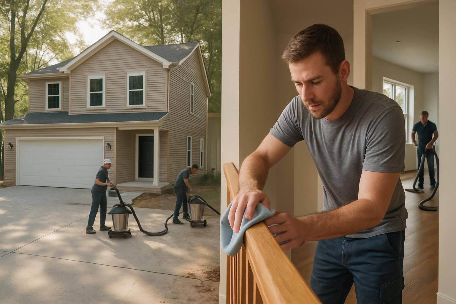 Team performing final clean in a new home