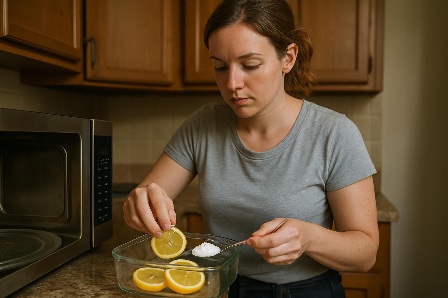 Lemon and vinegar next to a microwave for natural cleaning