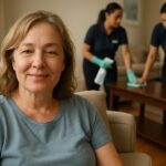 Cleaner wiping a kitchen counter with supplies neatly arranged