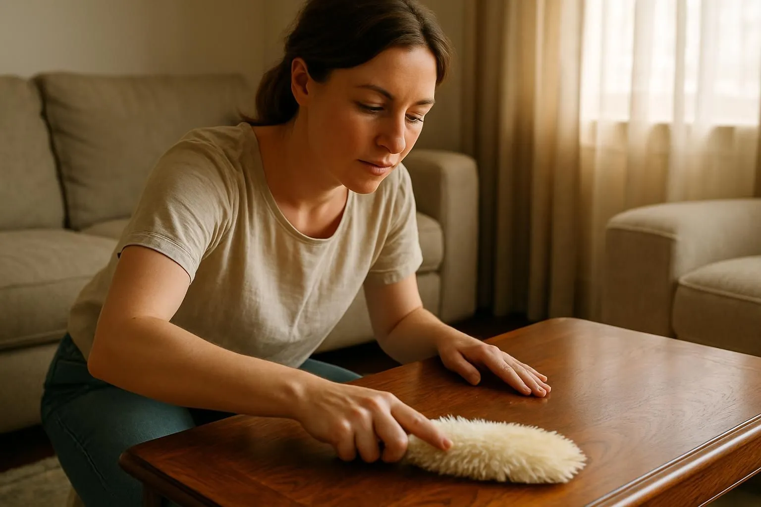 Well-maintained living room furniture and clean floors