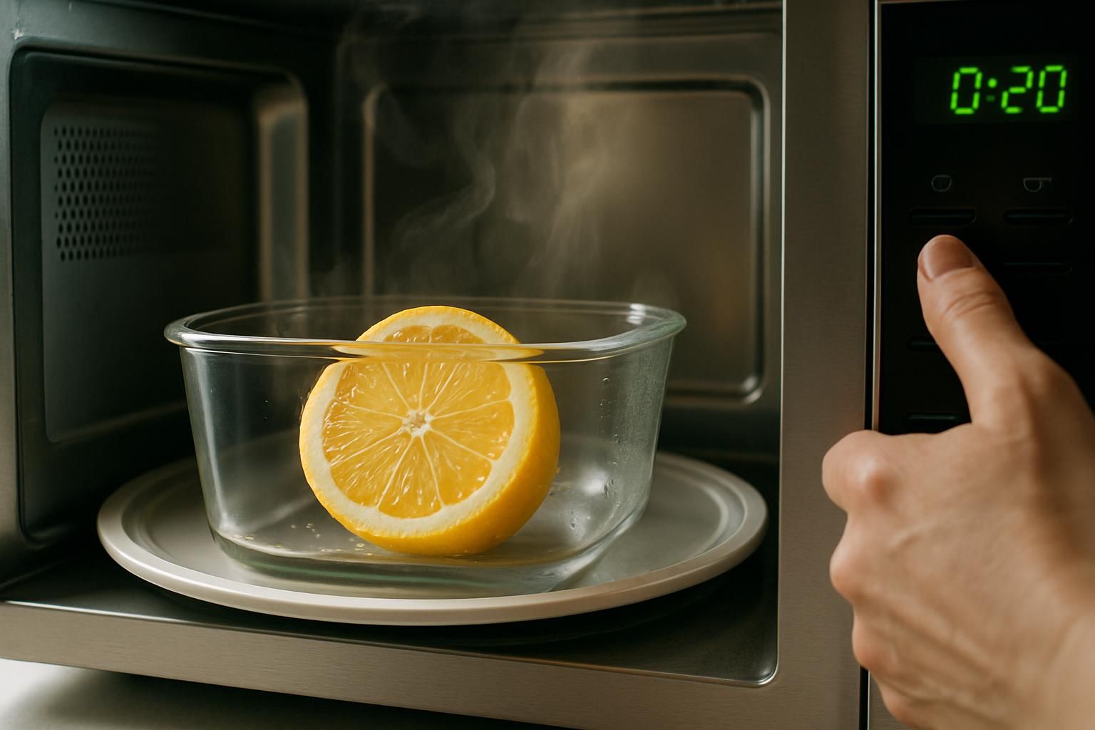 Sliced lemon and water in a bowl ready for microwave cleaning