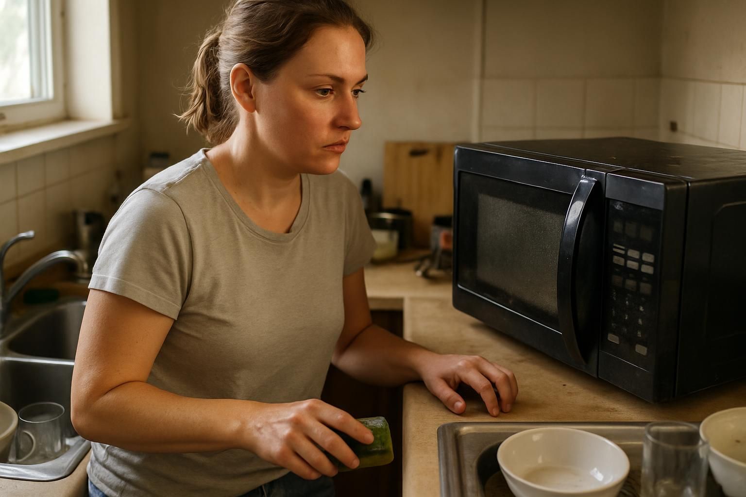 Person opening a microwave to prepare for cleaning
