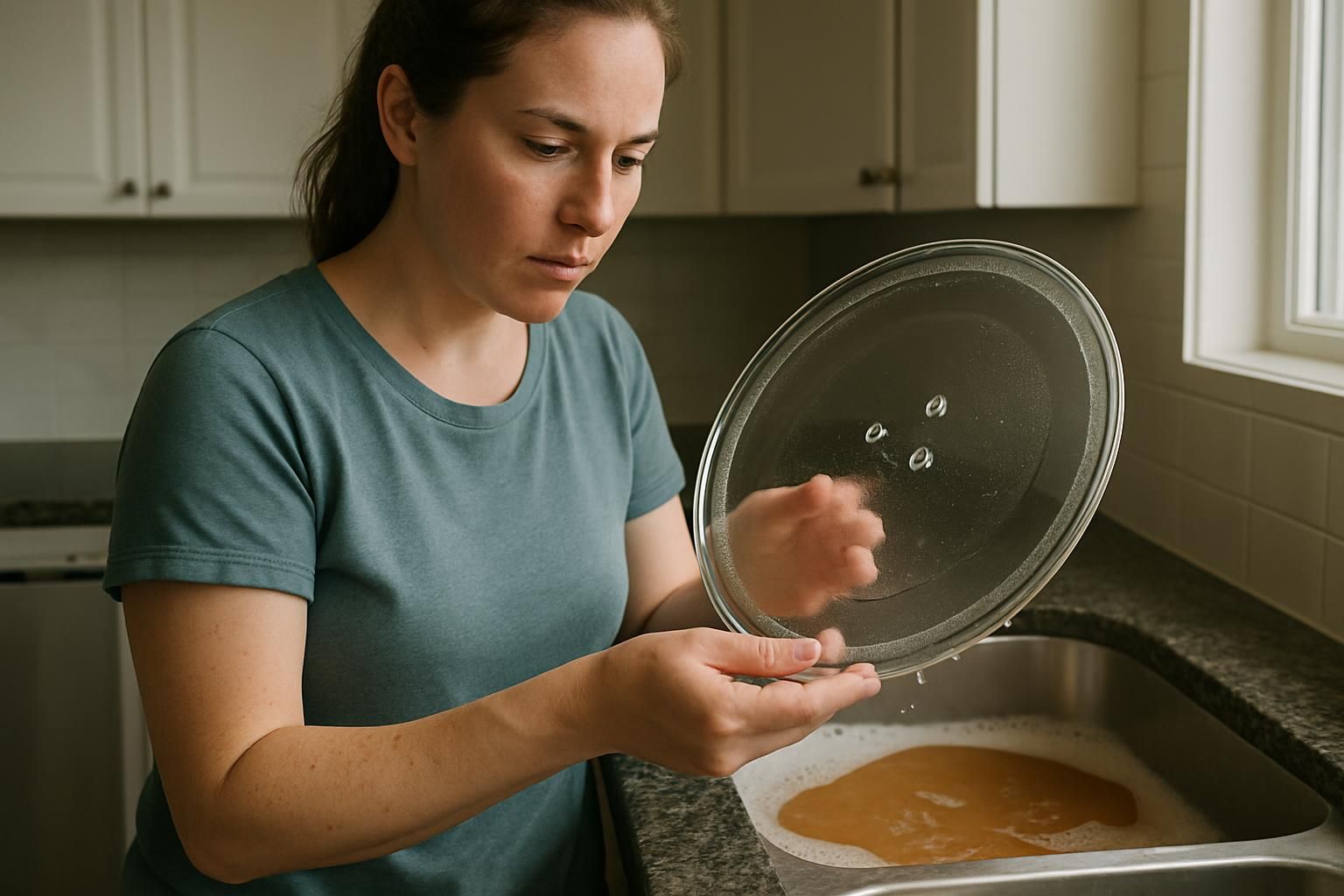 Hands removing the glass turntable from a microwave