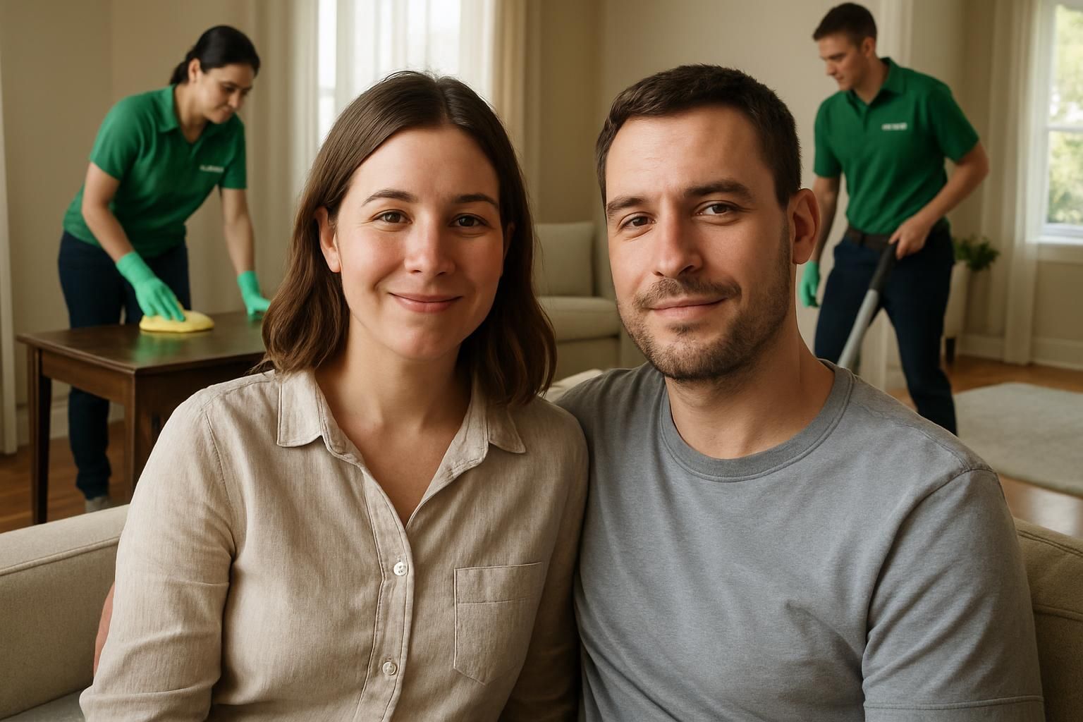 Parent relaxing with child while a cleaner vacuums in the background