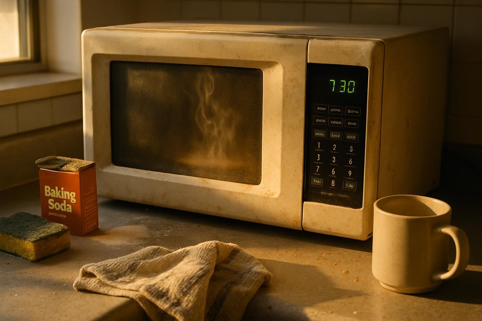 Person deep cleaning a microwave interior with a cloth