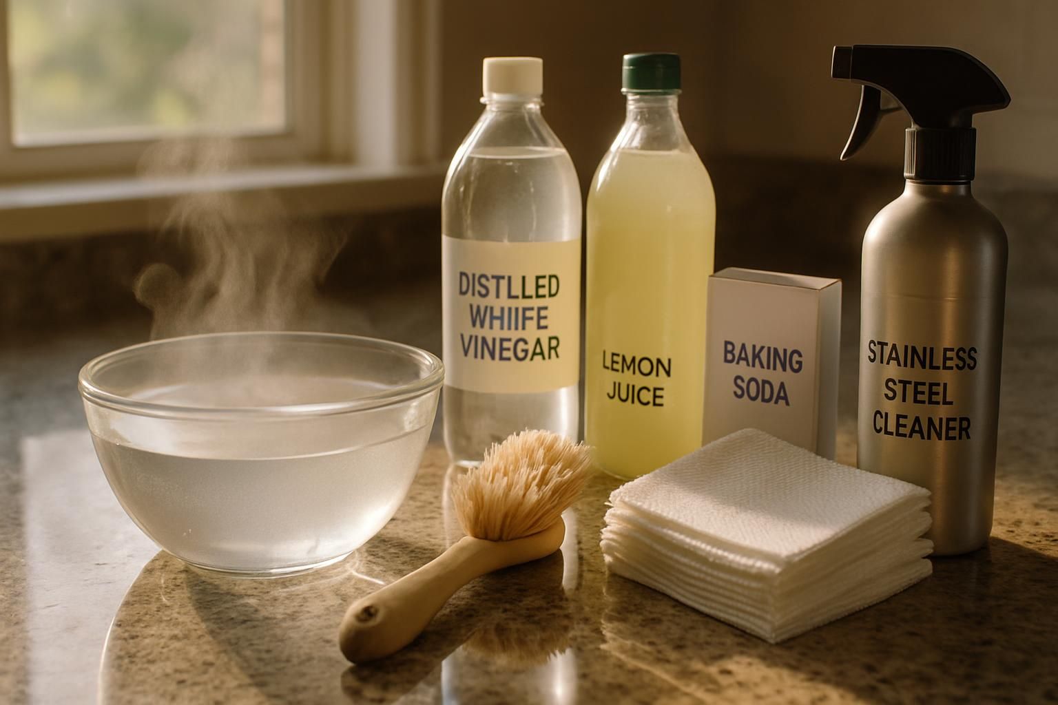 Cleaning supplies for microwave including lemon, vinegar, and baking soda