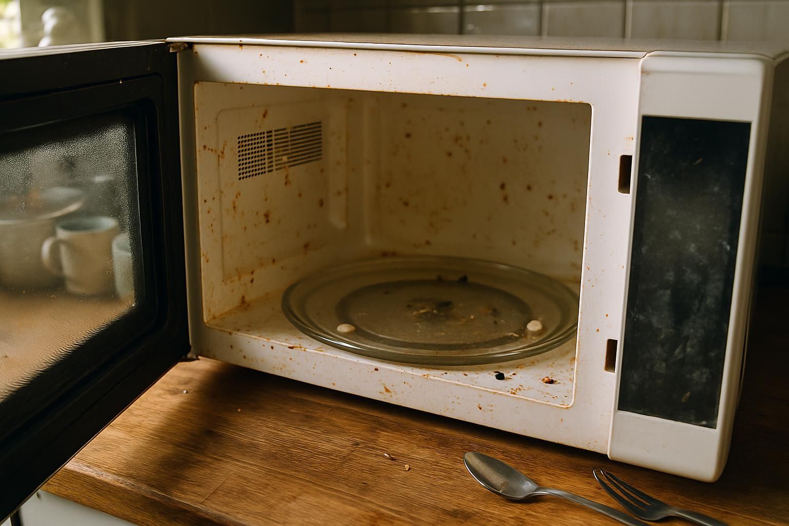 Parent opening a microwave to check for food splatters