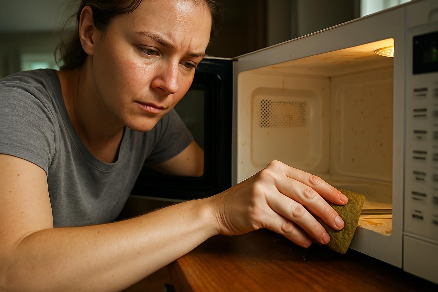 Cleaning sponge wiping microwave interior