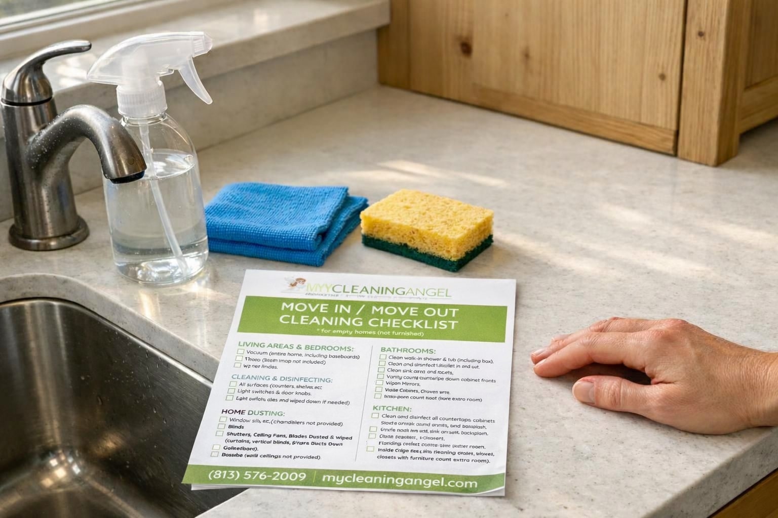 A tidy kitchen counter with cleaning supplies and a printed checklist.